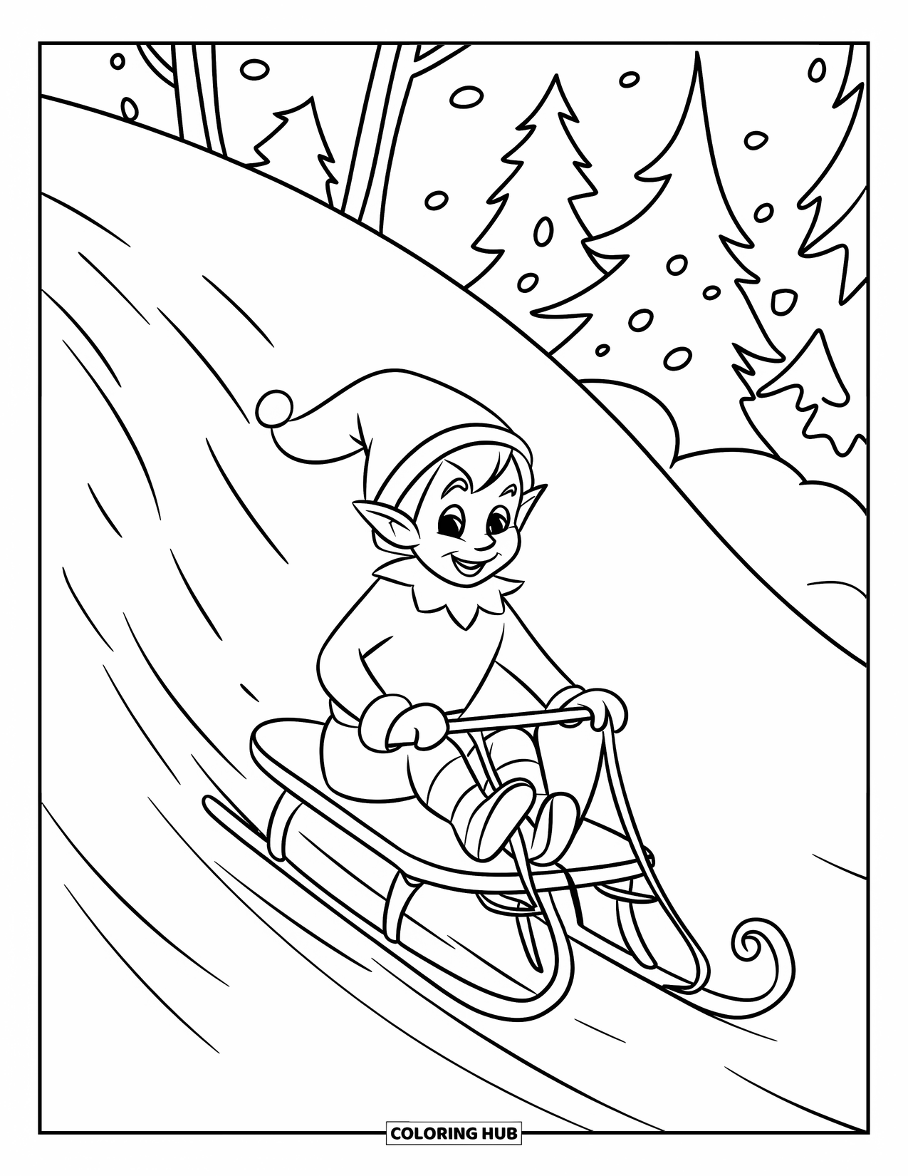 Elf Coloring Page for Kids: A cheerful elf slides down a snowy hill on a sled