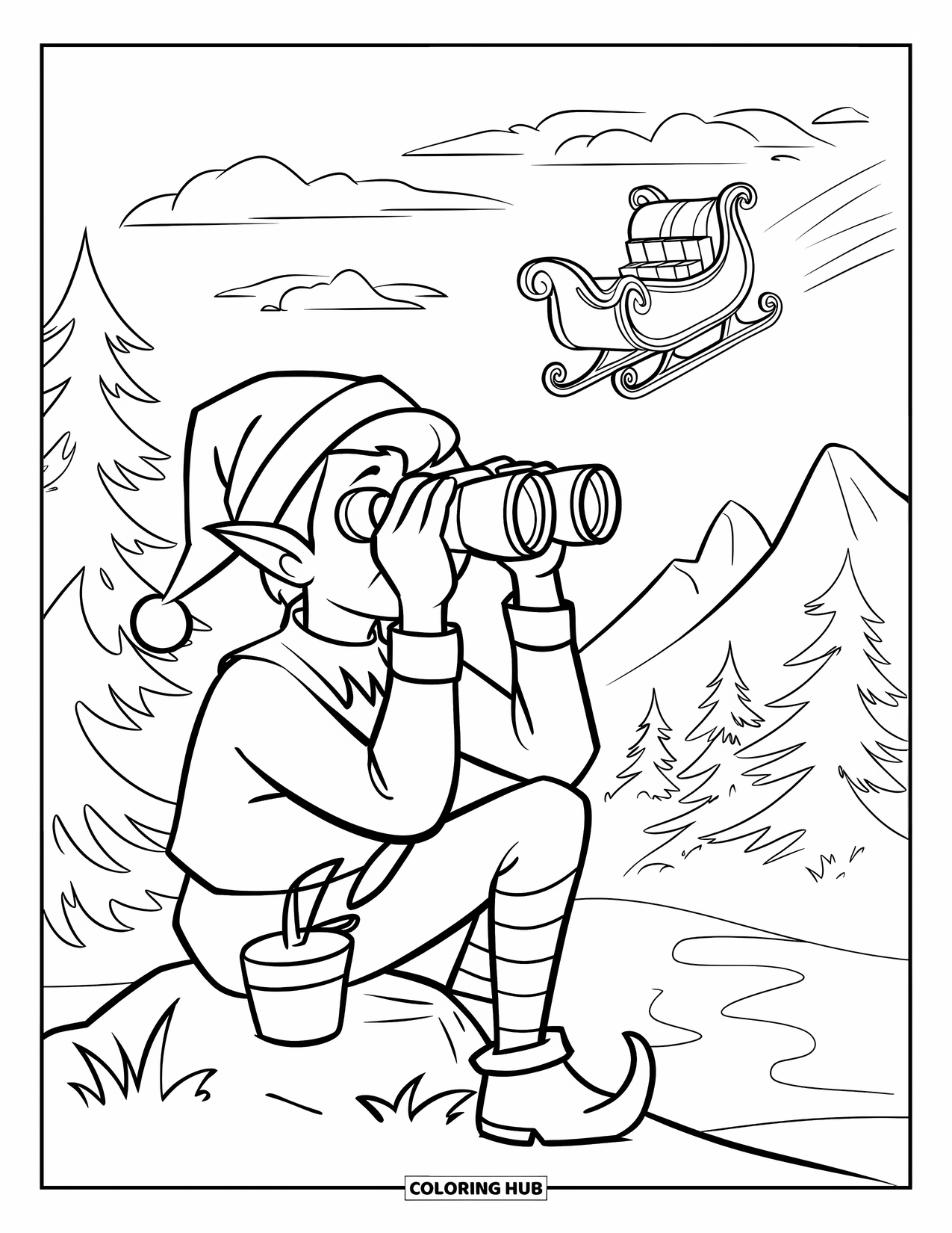 Elf Coloring Page for Kids: A clever elf scans the sky for Santa's sleigh