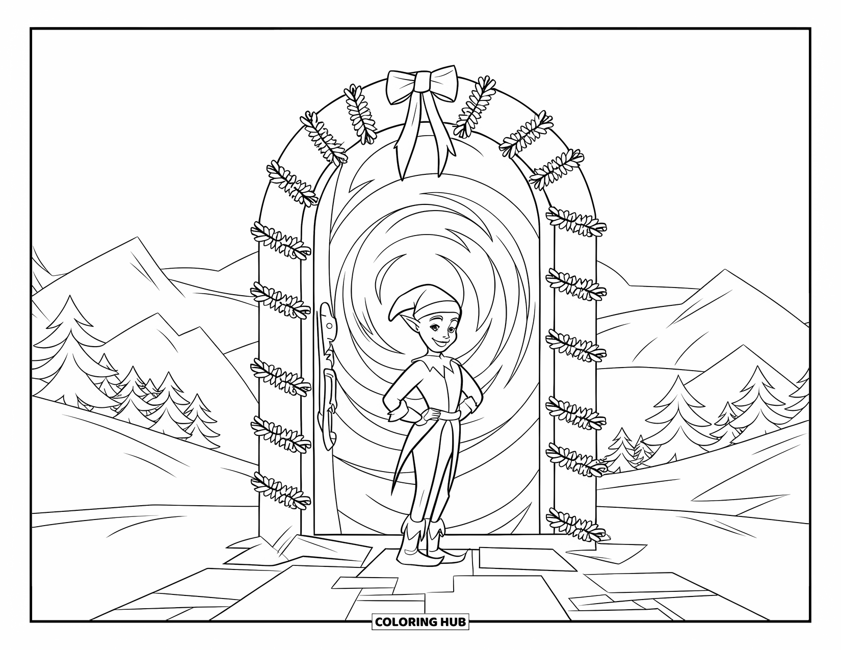 Elf Coloring Page for Kids: A confident elf protects a swirling portal behind a holiday wreath
