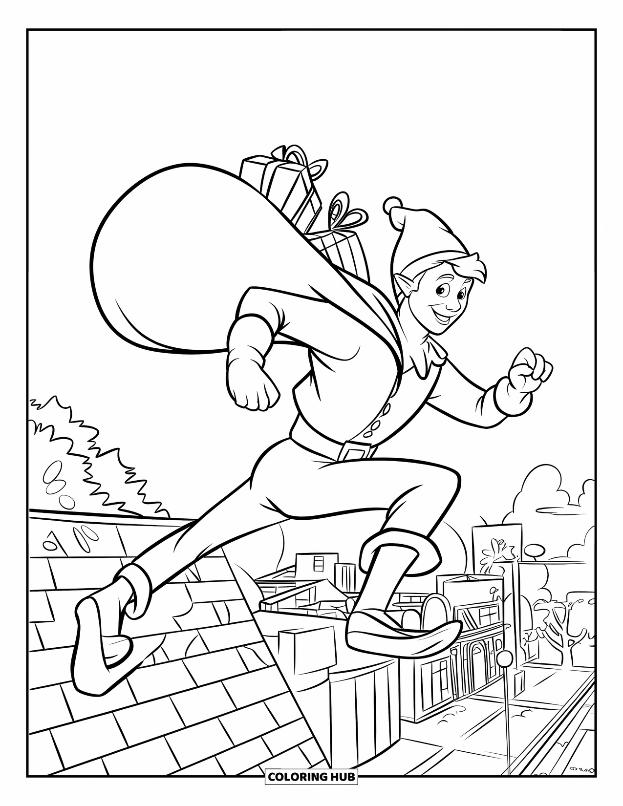 Elf Coloring Page for Kids: A daring elf springs across rooftops clutching a sack of toys
