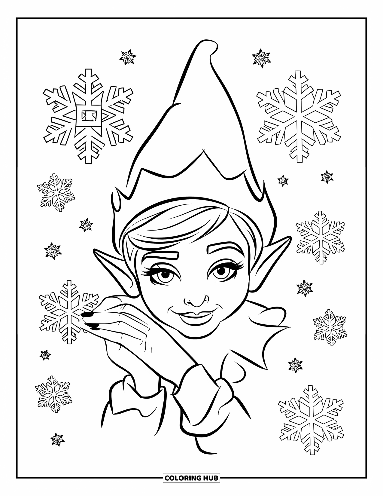 Elf Coloring Page for Kids: A fashionable elf smiles while fixing their festive hat