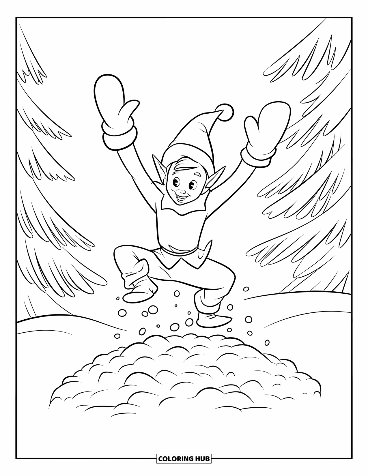 Elf Coloring Page for Kids: A happy elf jumps into a sparkling snow pile