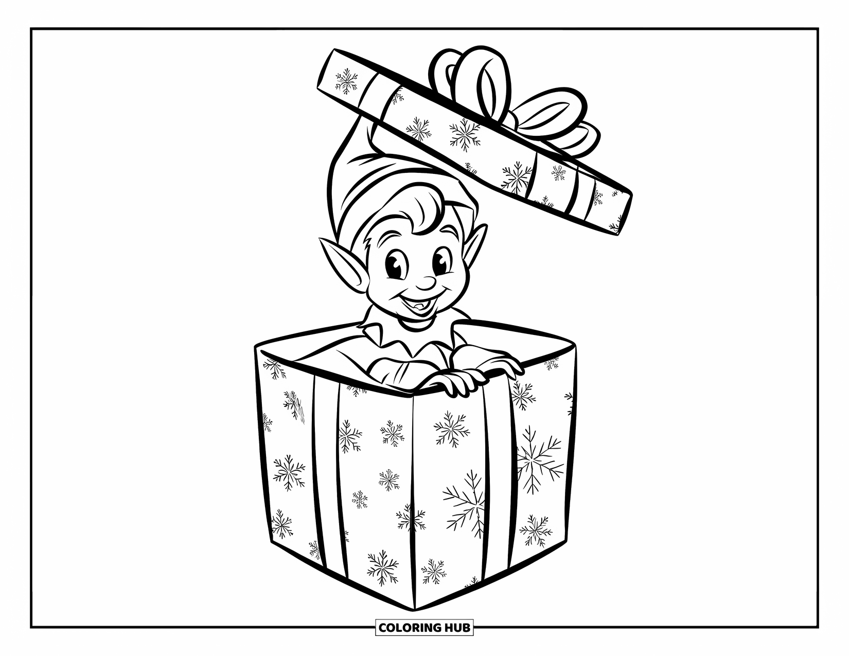 Elf Coloring Page for Kids: A happy elf pops out of a bow-tied gift box