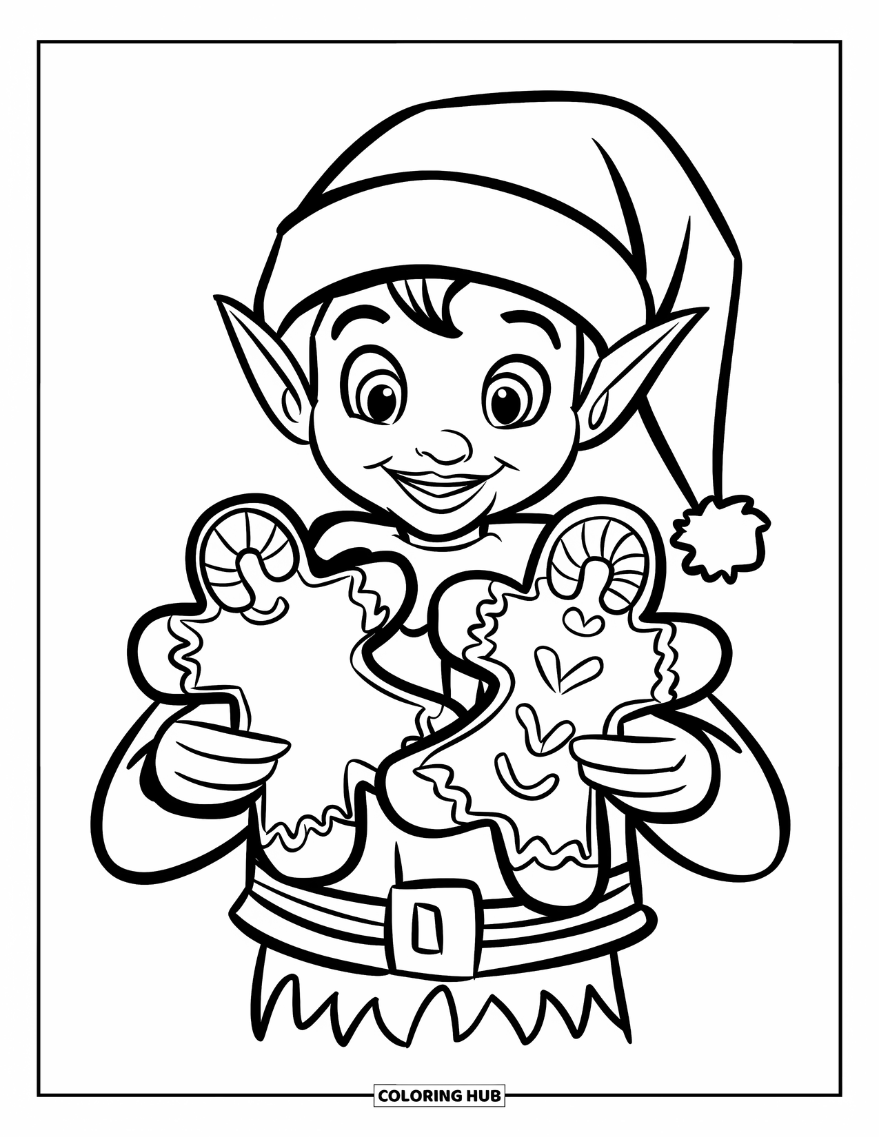 Elf Coloring Page for Kids: A happy elf shows off two gingerbread cookies