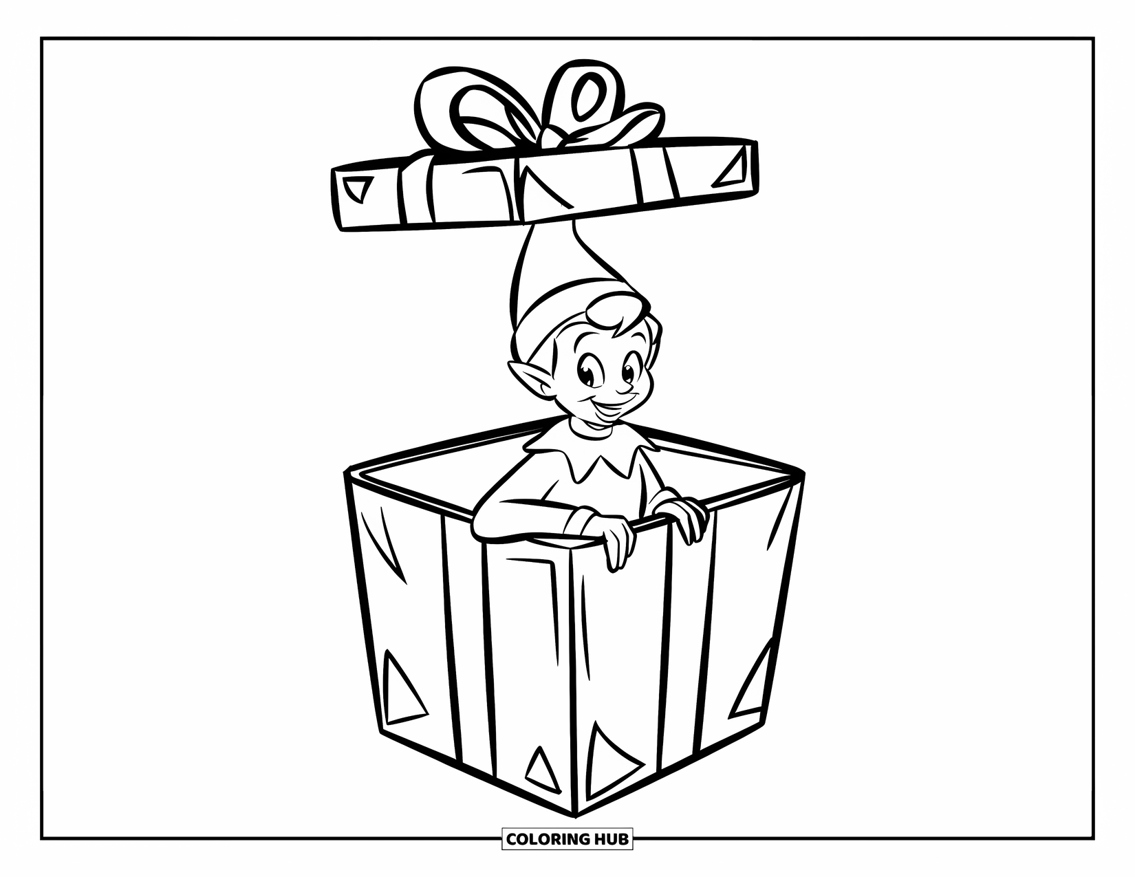 Elf Coloring Page for Kids: A playful elf bursts from a gift box with a big smile