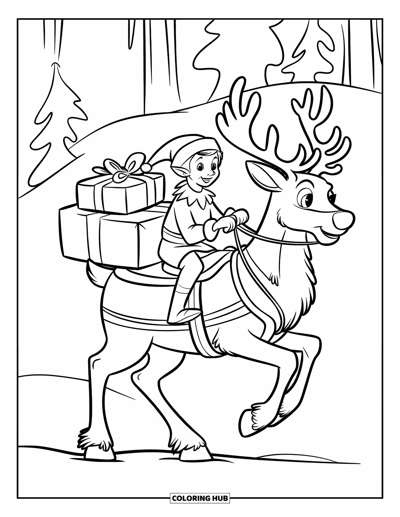 Elf Coloring Page for Kids: A smiling elf rides a reindeer under falling snow
