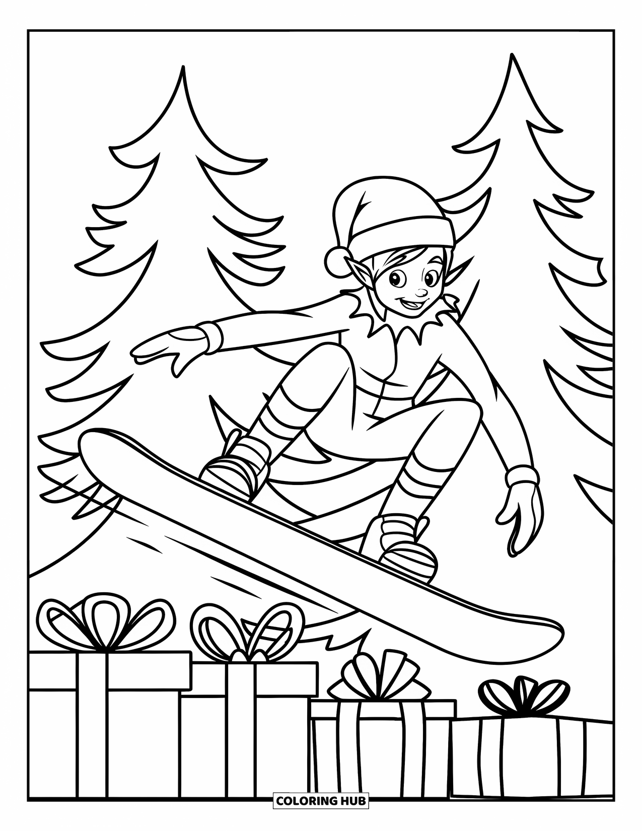 Elf Coloring Page for Kids: A snowboarding elf jumps high over pine trees and presents