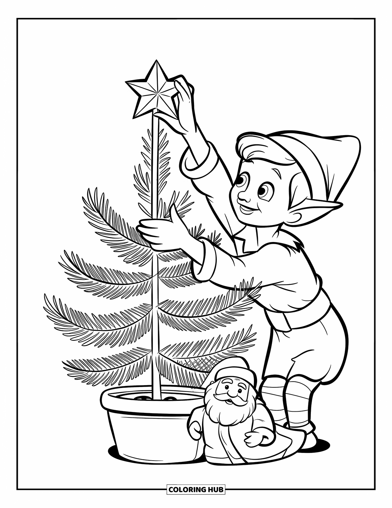 Elf Coloring Page for Kids: An elf carefully tops a little tree with a star
