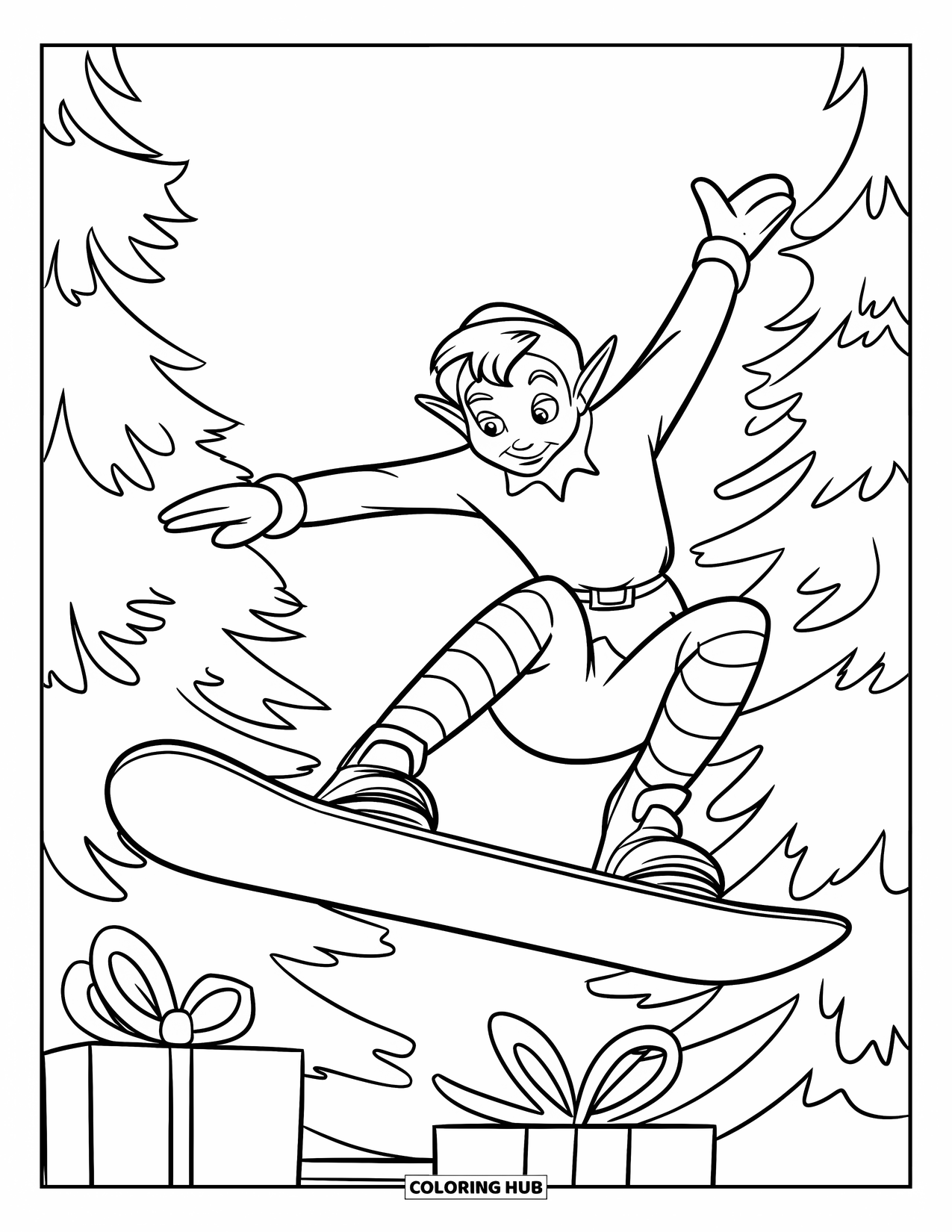 Elf Coloring Page for Kids: An elf flies through the air on a snowboard above snowy pines