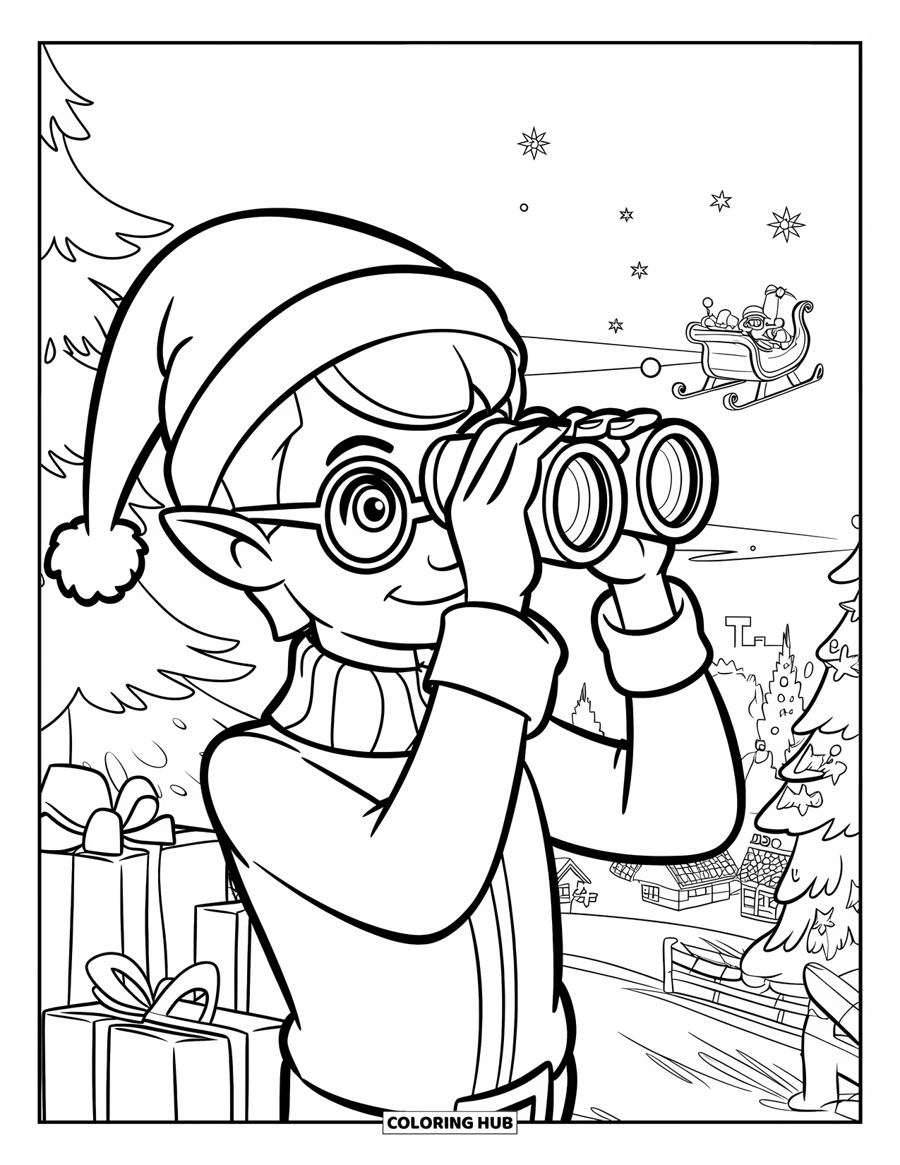 Elf Coloring Page for Kids: An elf in glasses spots Santa's sleigh flying above a snowy village