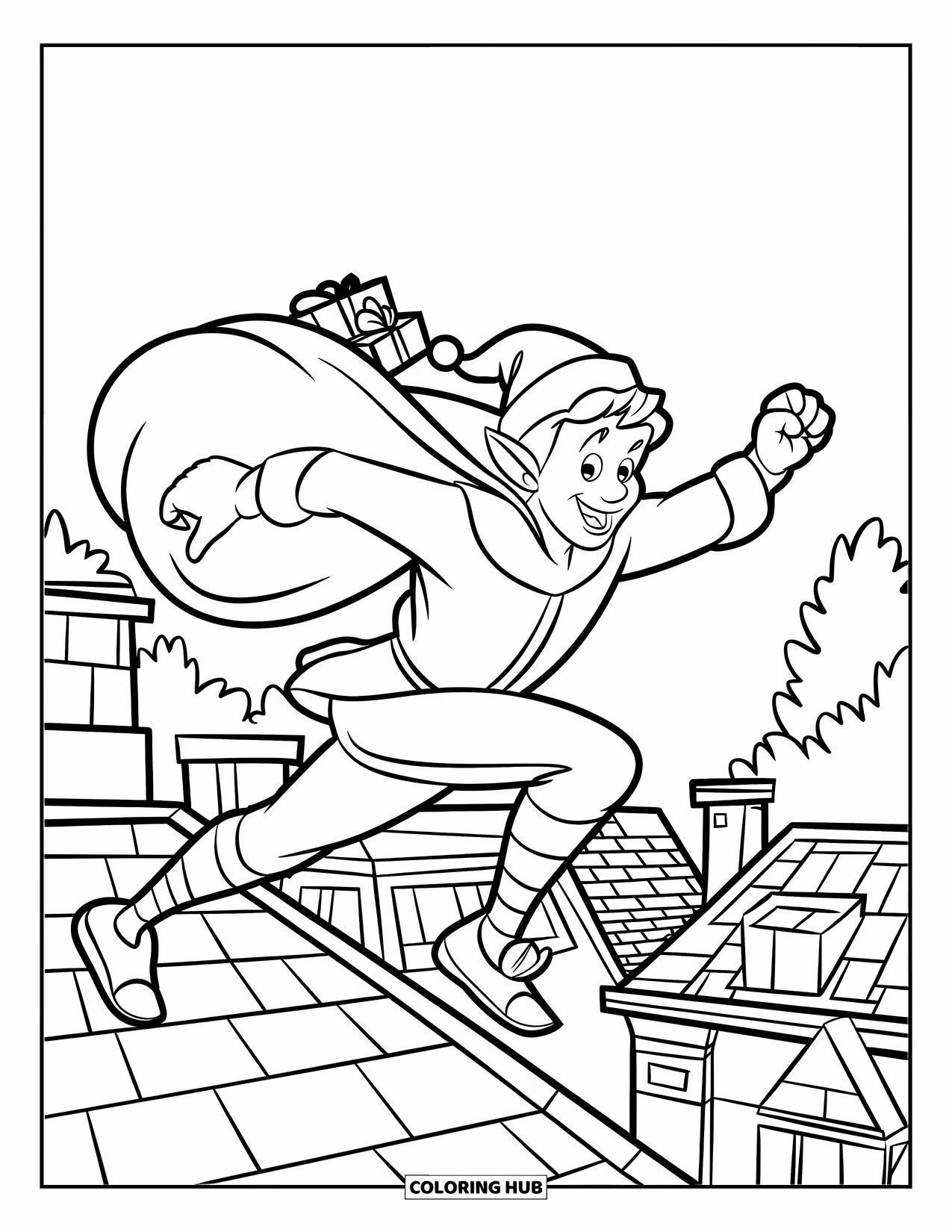 Elf Coloring Page for Kids: An elf jumps between rooftops with a bag of Christmas presents