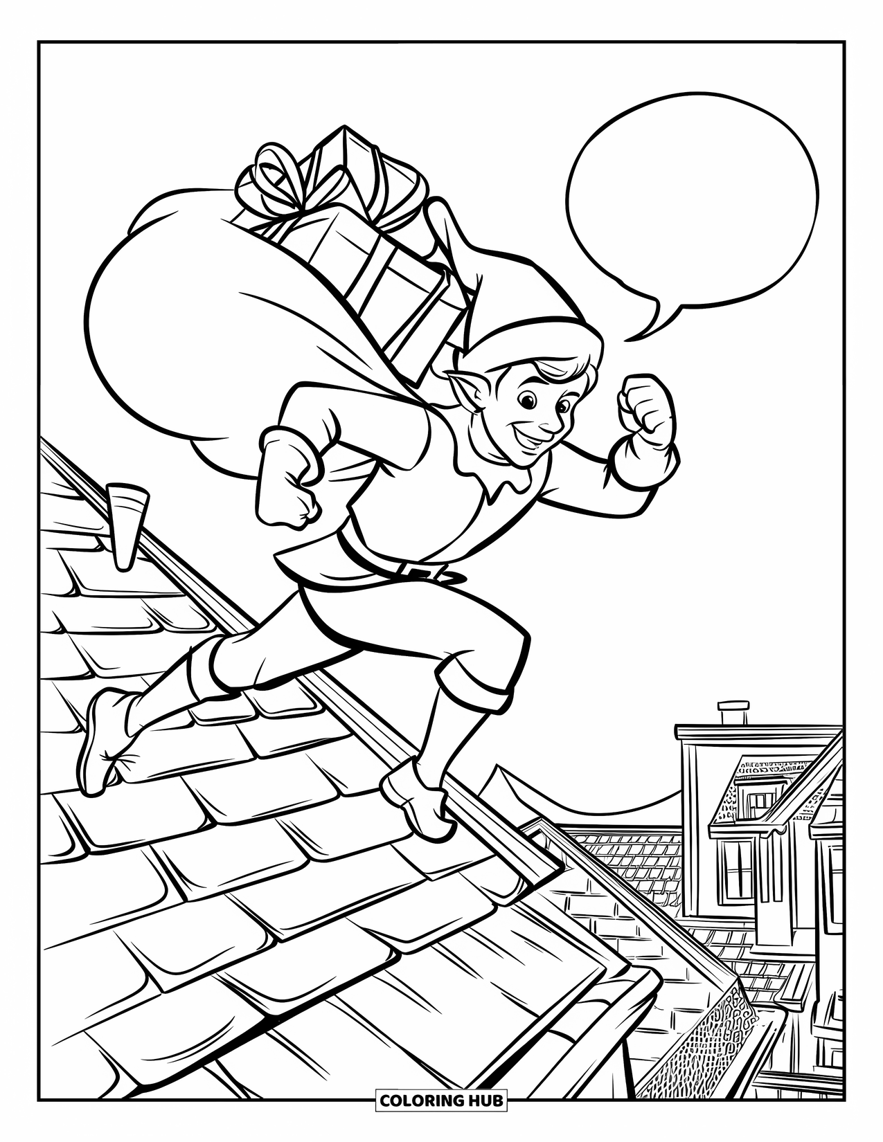 Elf Coloring Page for Kids: An elf leaps boldly over snowy rooftops with a gift sack