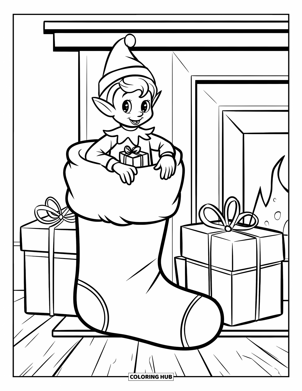 Elf Coloring Page for Kids: An elf peeks out of a stocking near a cozy fireplace