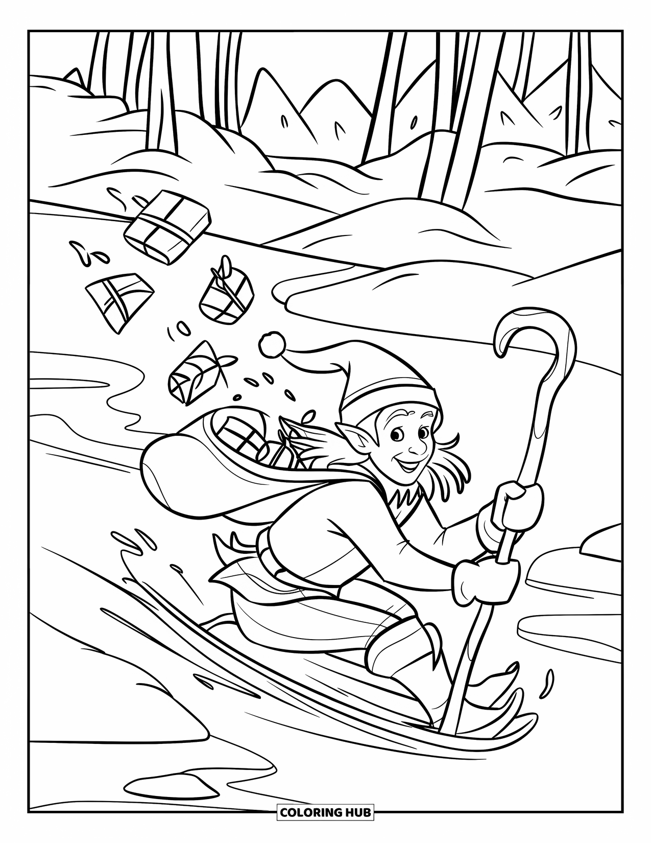 Elf Coloring Page for Kids: An elf slides along a frozen stream with gifts spilling from a satchel