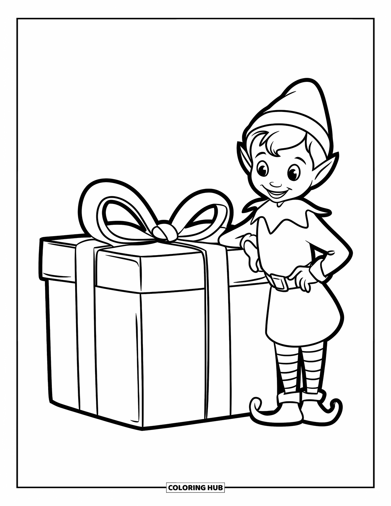 Elf Coloring Page for Kids: An elf smiles next to a present wrapped with a large ribbon