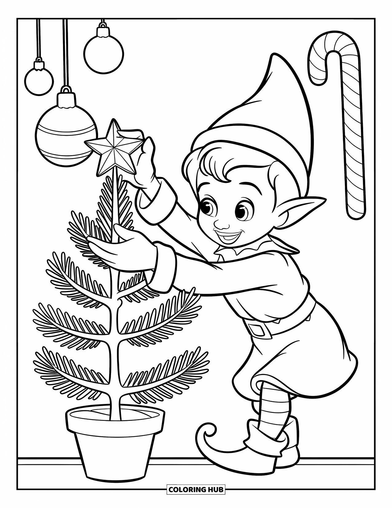 Elf Coloring Page for Kids: An elf stands on tiptoe to add a star to a Christmas tree
