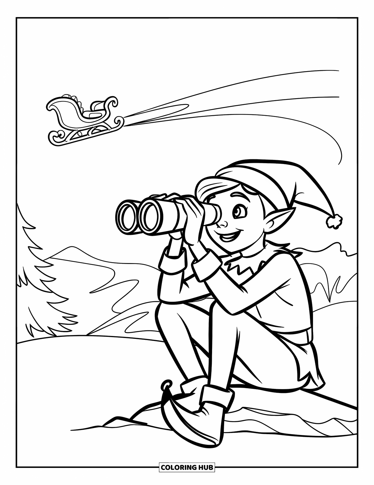 Elf Coloring Page for Kids: An elf uses binoculars to spot Santa's sleigh in the distance