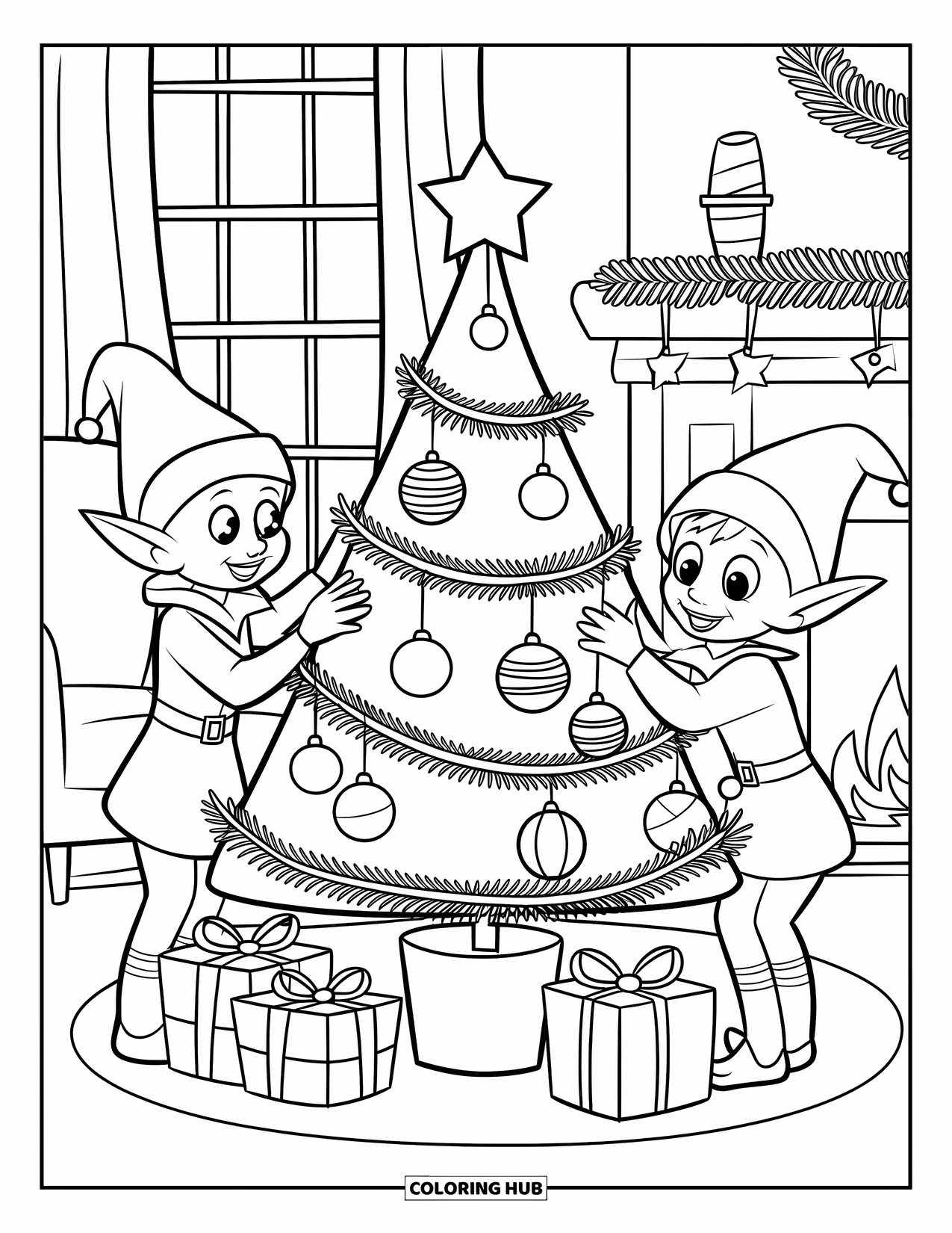 Elf Coloring Page for Kids: Elves trim a cozy room's Christmas tree with bright ornaments