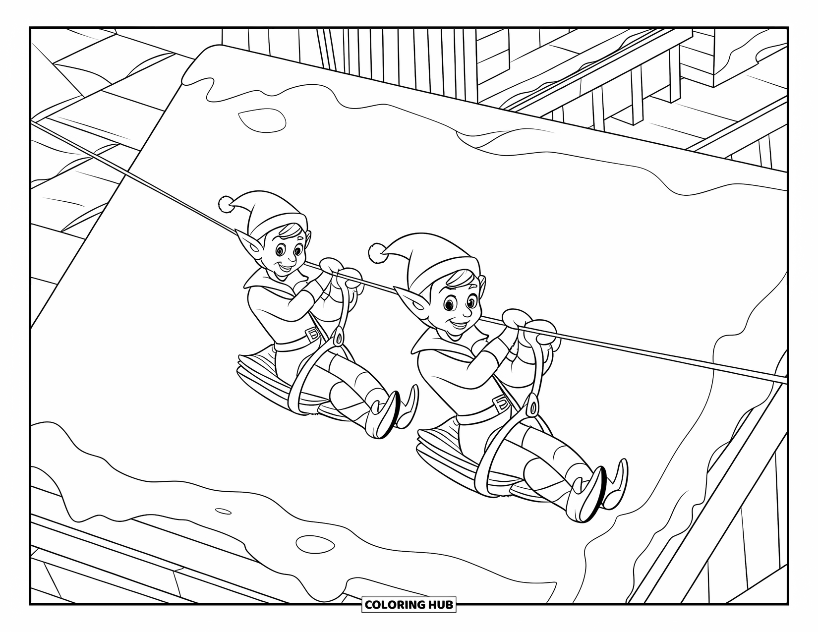 Elf Coloring Page for Kids: Twin elves zipline playfully between snowy rooftops