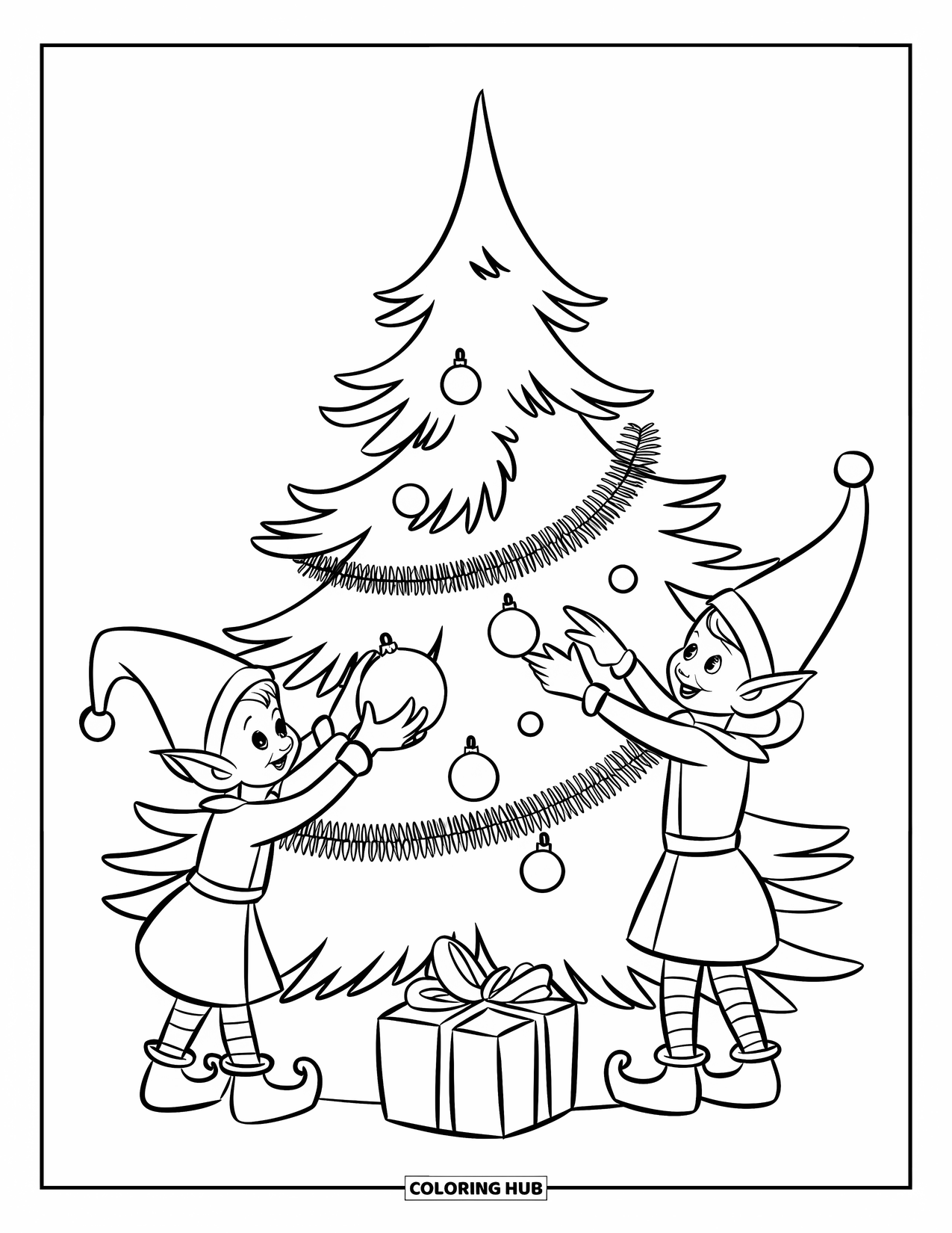 Elf Coloring Page for Kids: Two cheerful elves add decorations to a holiday tree