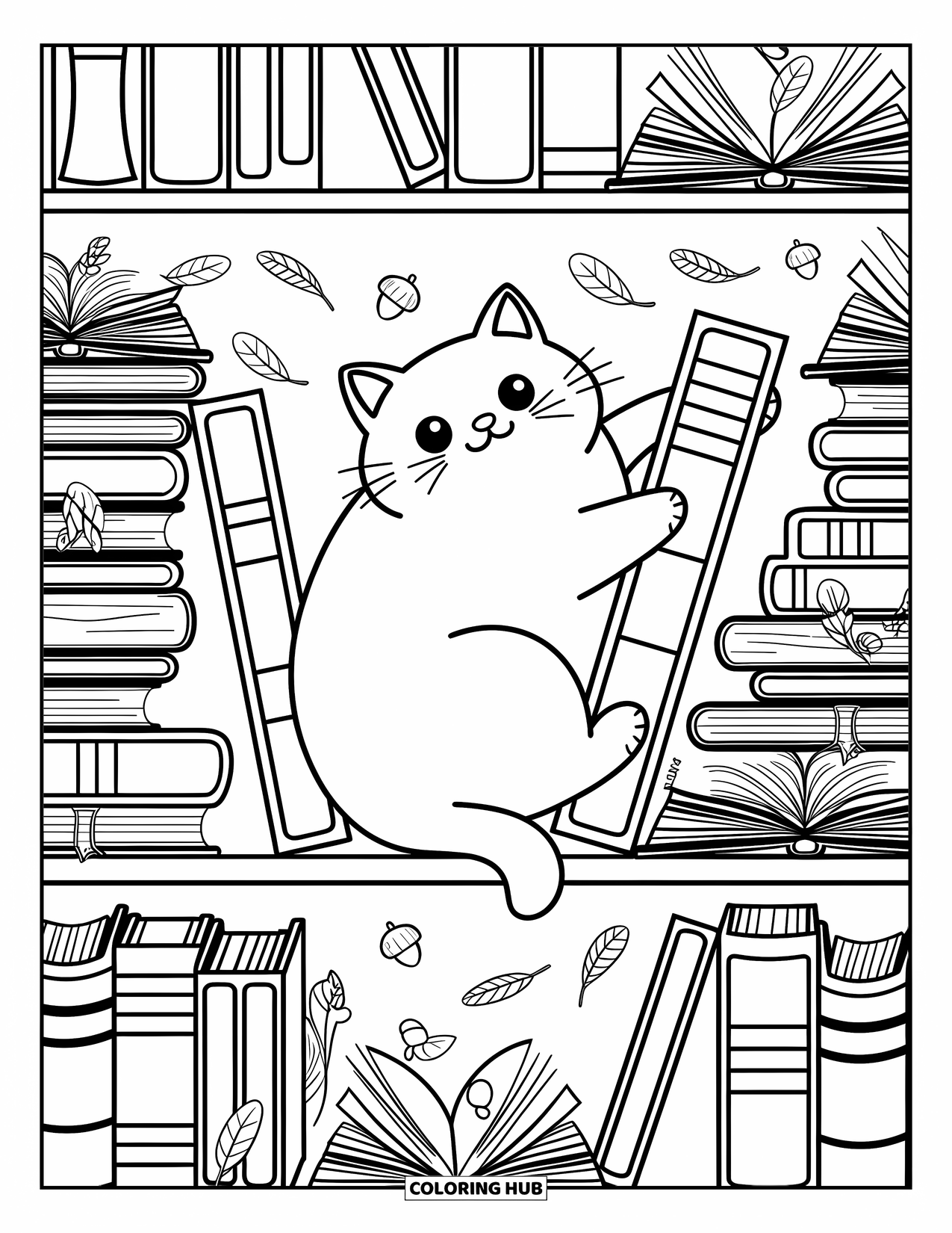 Fat Cat Coloring Page for Adults: A cat peeks over a book spine, tucked between shelves full of tiny treasures