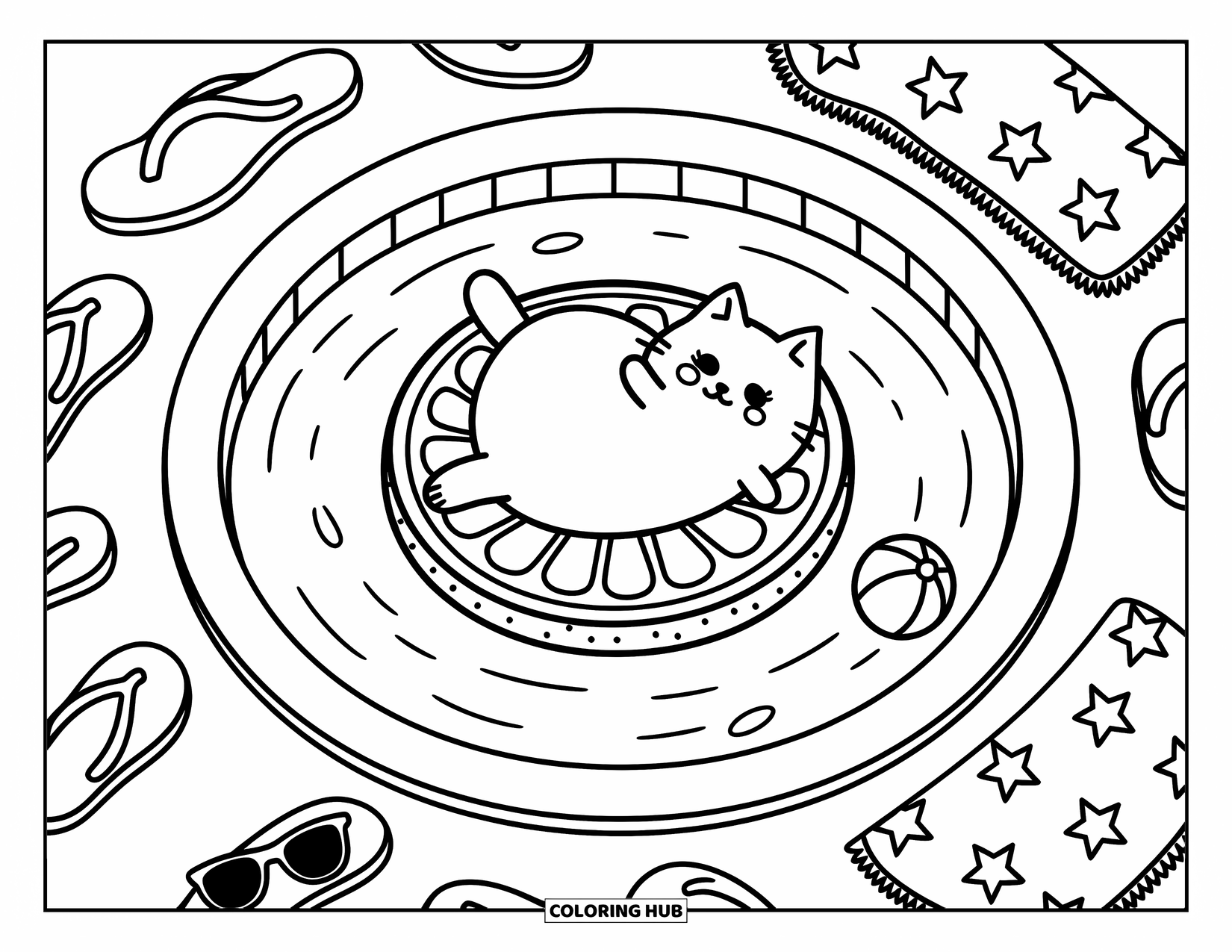 Fat Cat Coloring Page for Adults: A cat relaxes on a fruit float while dipping a paw into a pool