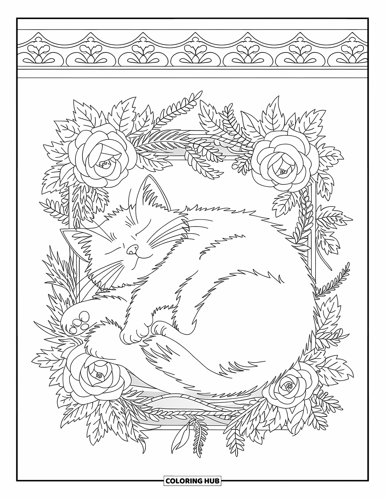 Fat Cat Coloring Page for Adults: A cat rests belly-up inside a frame of ivy, roses, and ferns