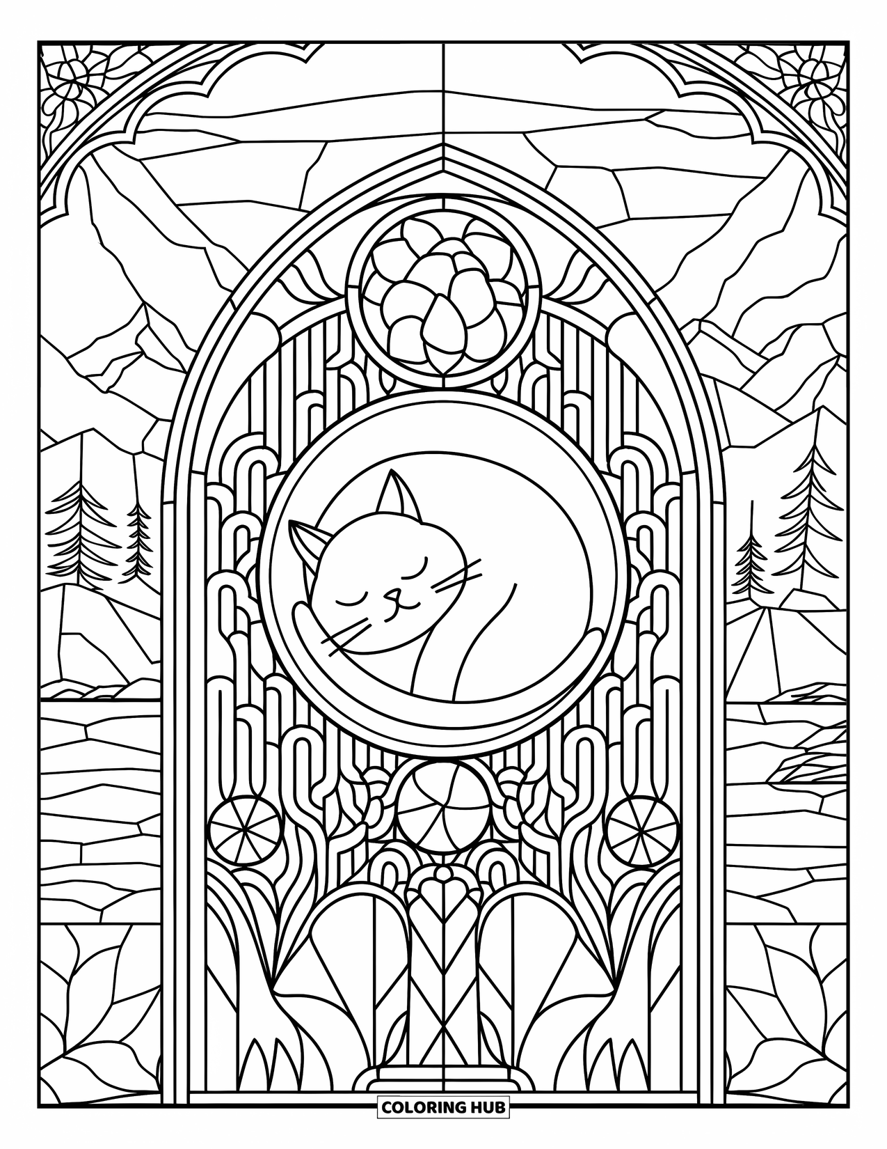 Fat Cat Coloring Page for Adults: A cat rests in the center of a patterned stained glass frame