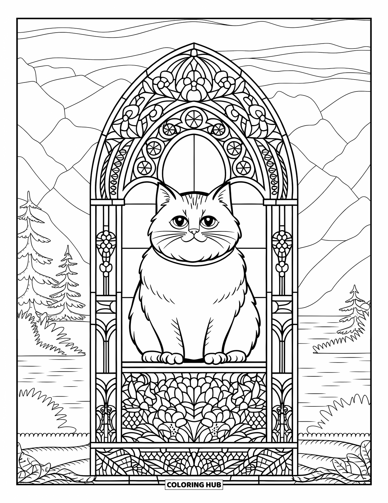Fat Cat Coloring Page for Adults: A chubby cat sits tall inside a floral stained glass arch