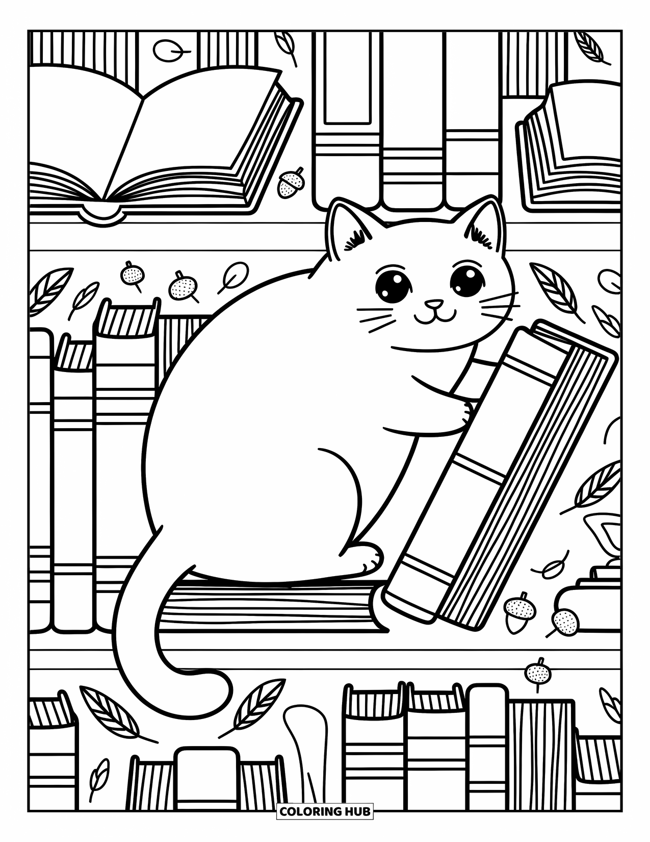 Fat Cat Coloring Page for Adults: A chunky cat is wedged between books, peeking curiously from a shelf