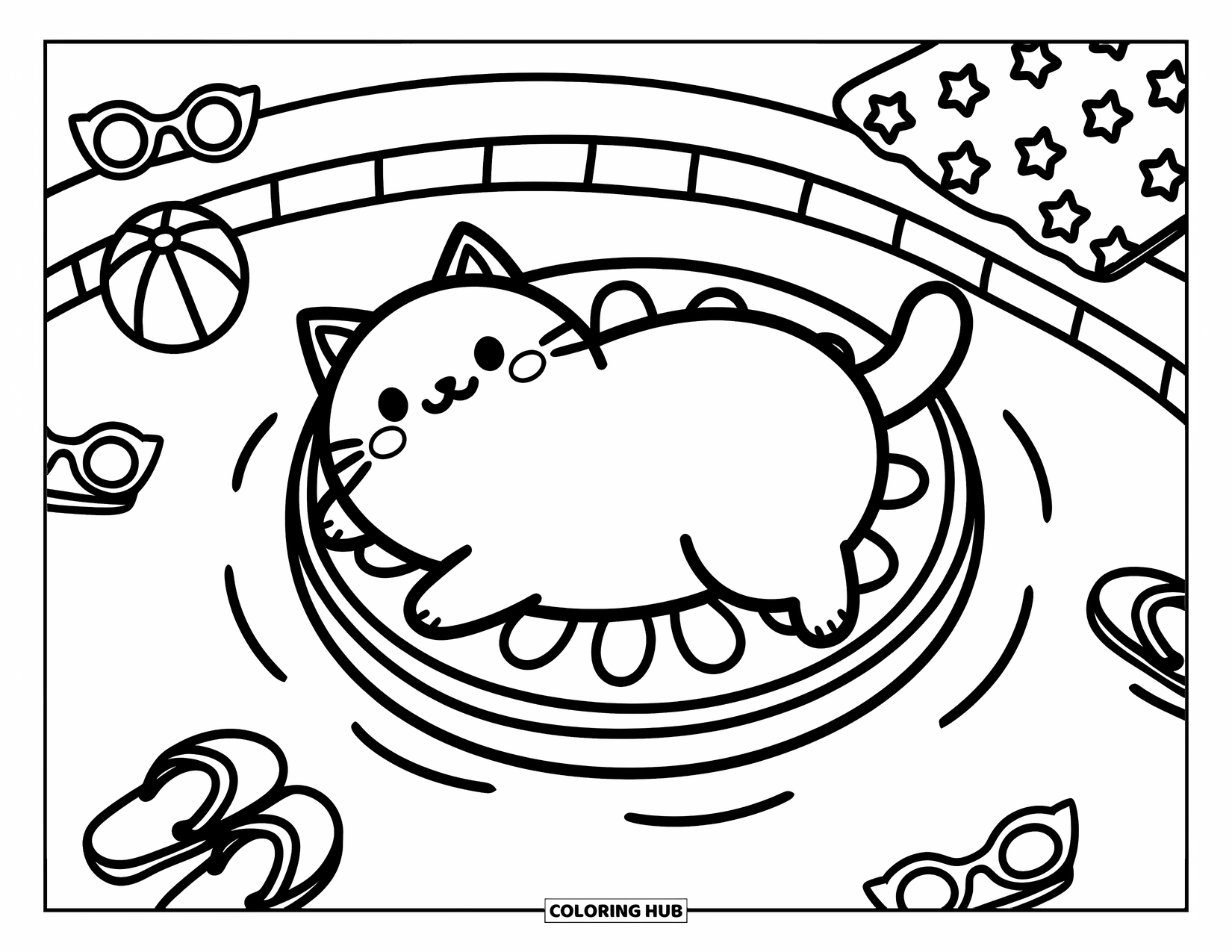 Fat Cat Coloring Page for Adults: A content cat drifts in a pool, paw trailing water, surrounded by summer fun