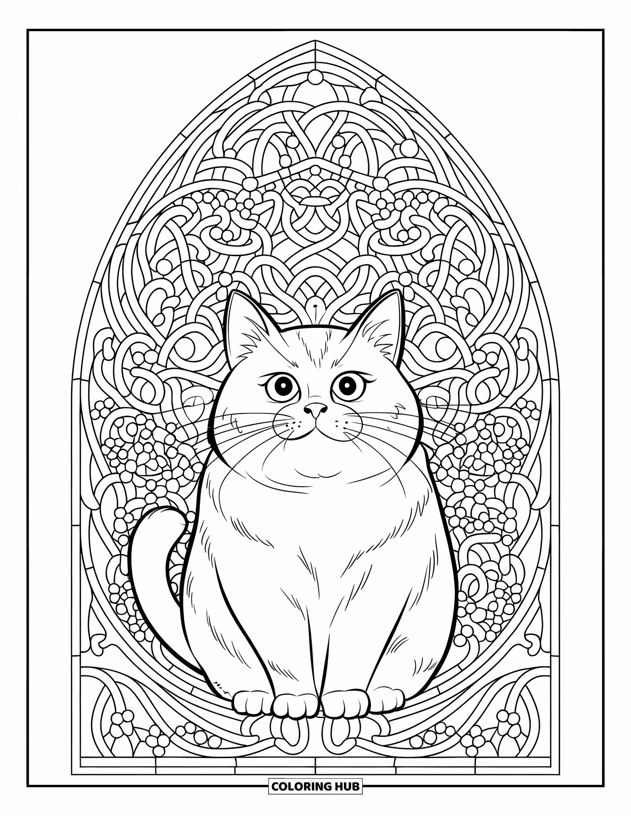 Fat Cat Coloring Page for Adults: A curious cat sits in a vine-covered stained glass arch