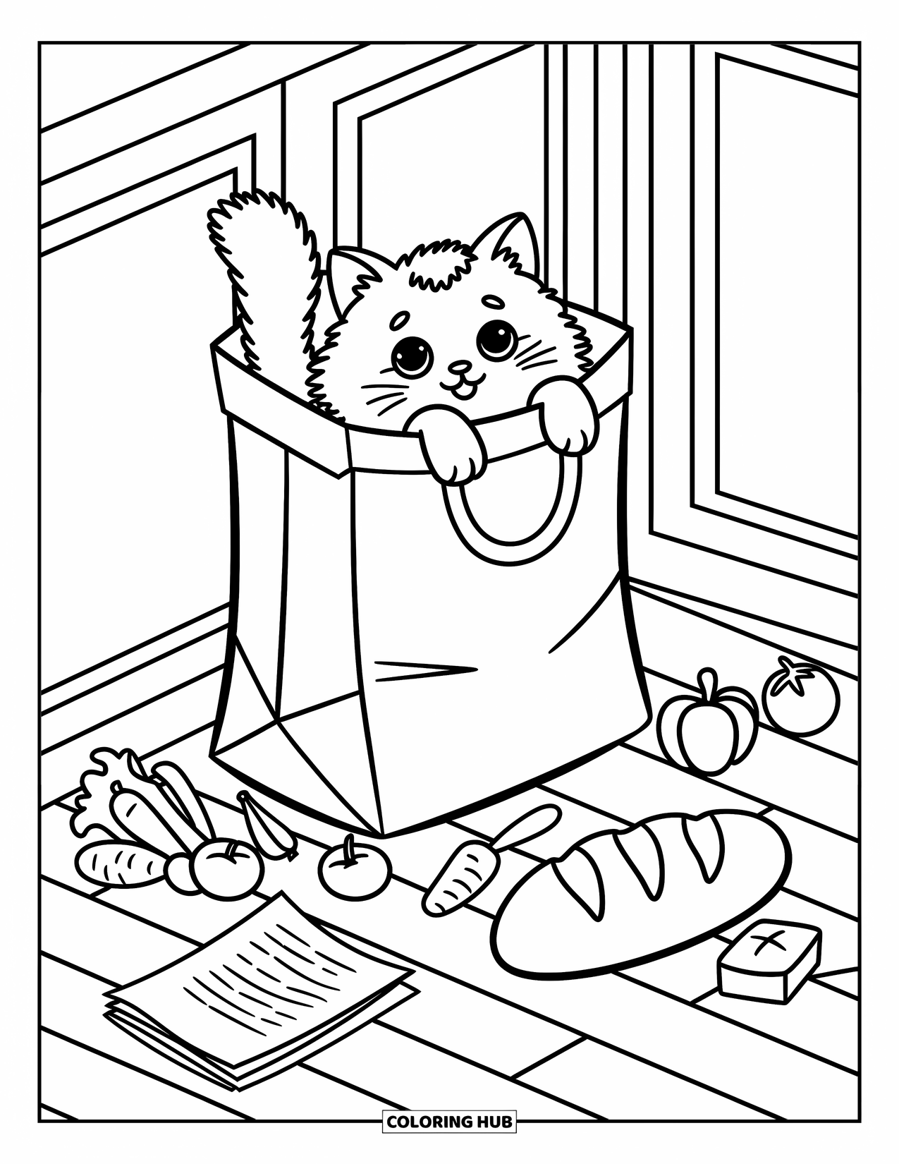 Fat Cat Coloring Page for Adults: A playful cat nestles in a grocery bag with fruit and bread all around