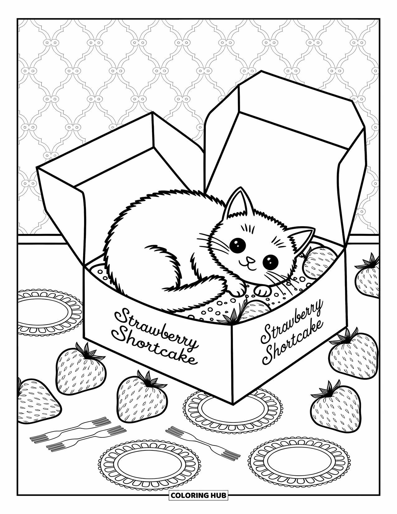 Fat Cat Coloring Page for Adults: A round cat curls inside a bakery box, surrounded by strawberries and doilies