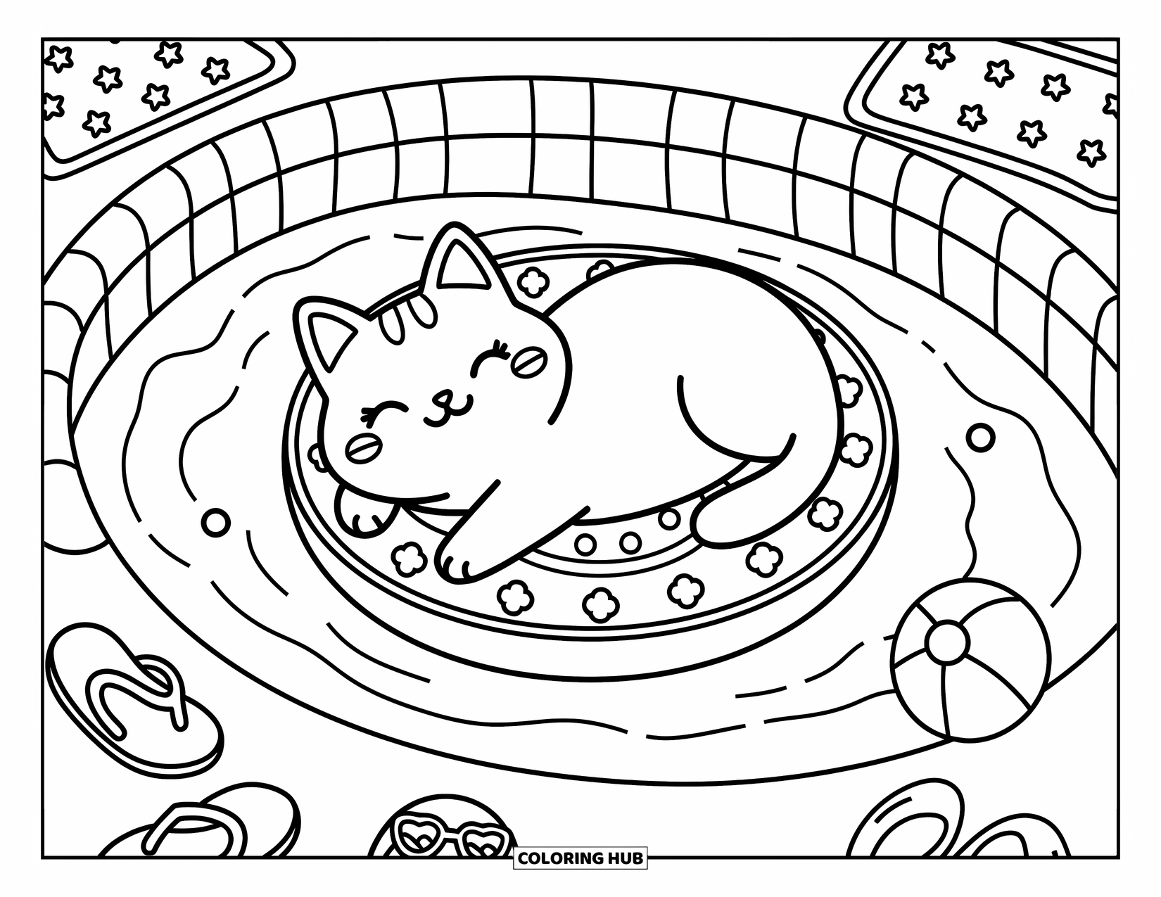 Fat Cat Coloring Page for Adults: A round cat floats on a fruit slice in a peaceful kiddie pool
