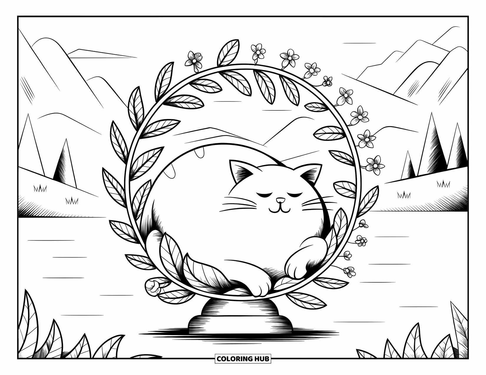 Fat Cat Coloring Page for Adults: A round cat rests in a wreath of flowers beside a calm lake and mountains