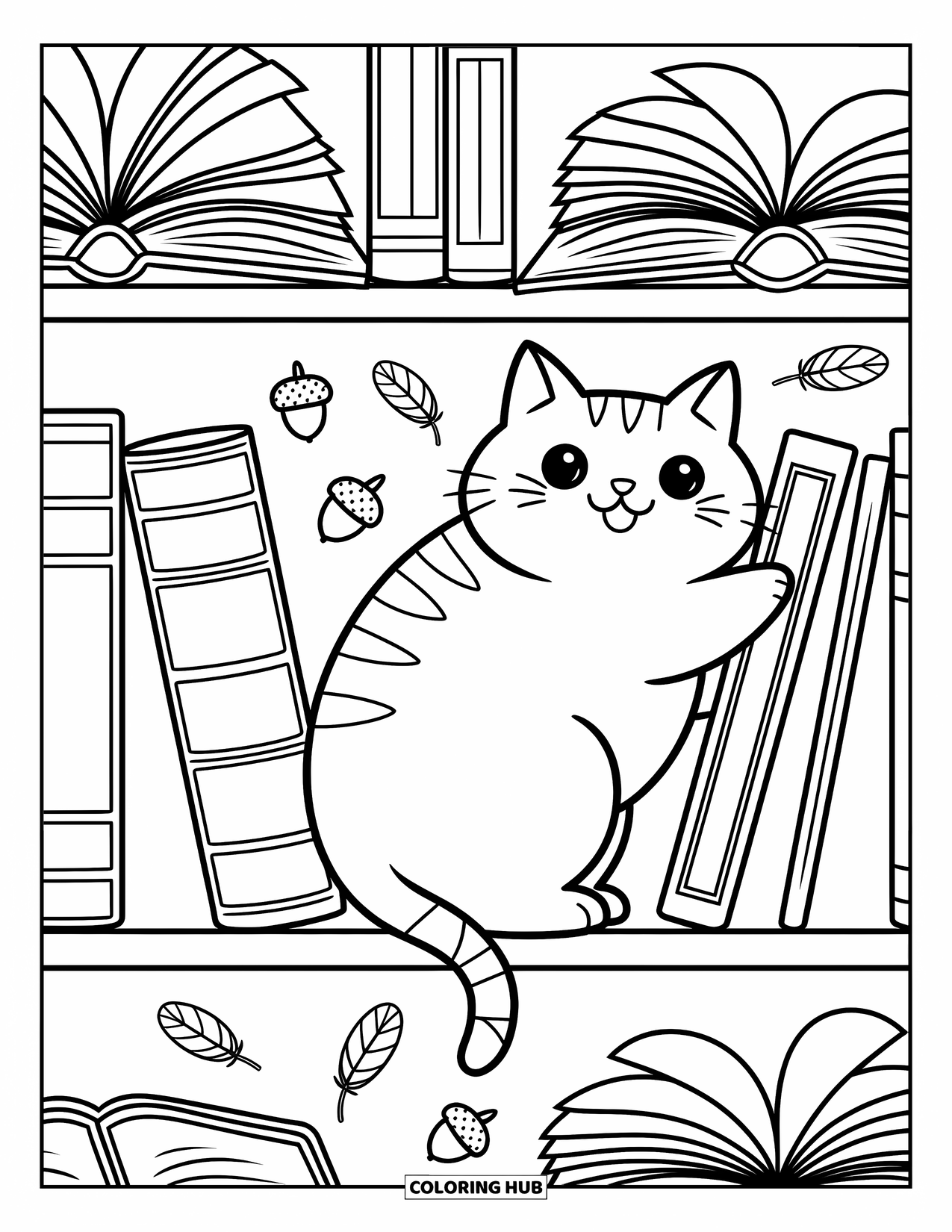 Fat Cat Coloring Page for Adults: A round cat squeezes into a bookcase, tail and paw sticking out playfully