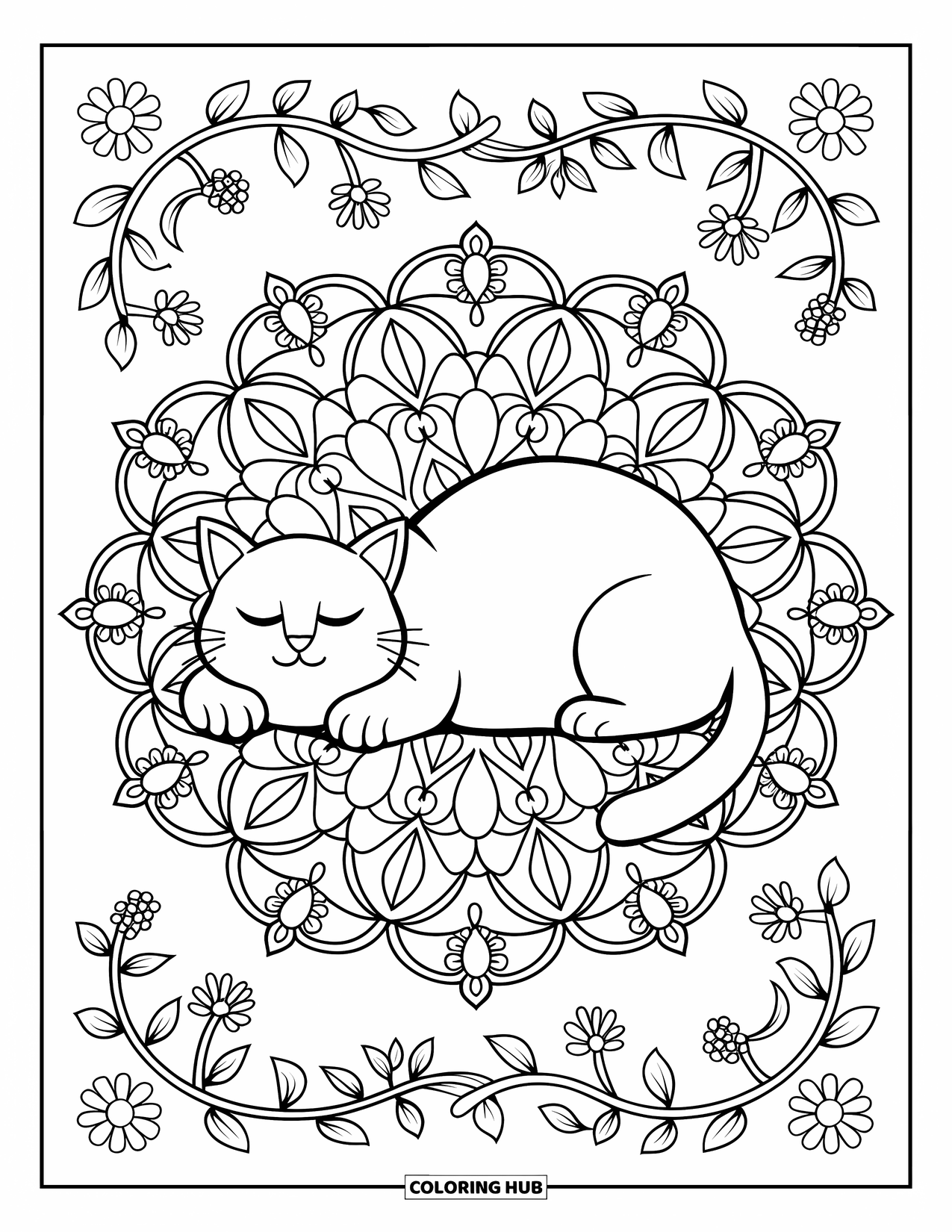 Fat Cat Coloring Page for Adults: A sleepy cat rests on leaves within a floral mandala