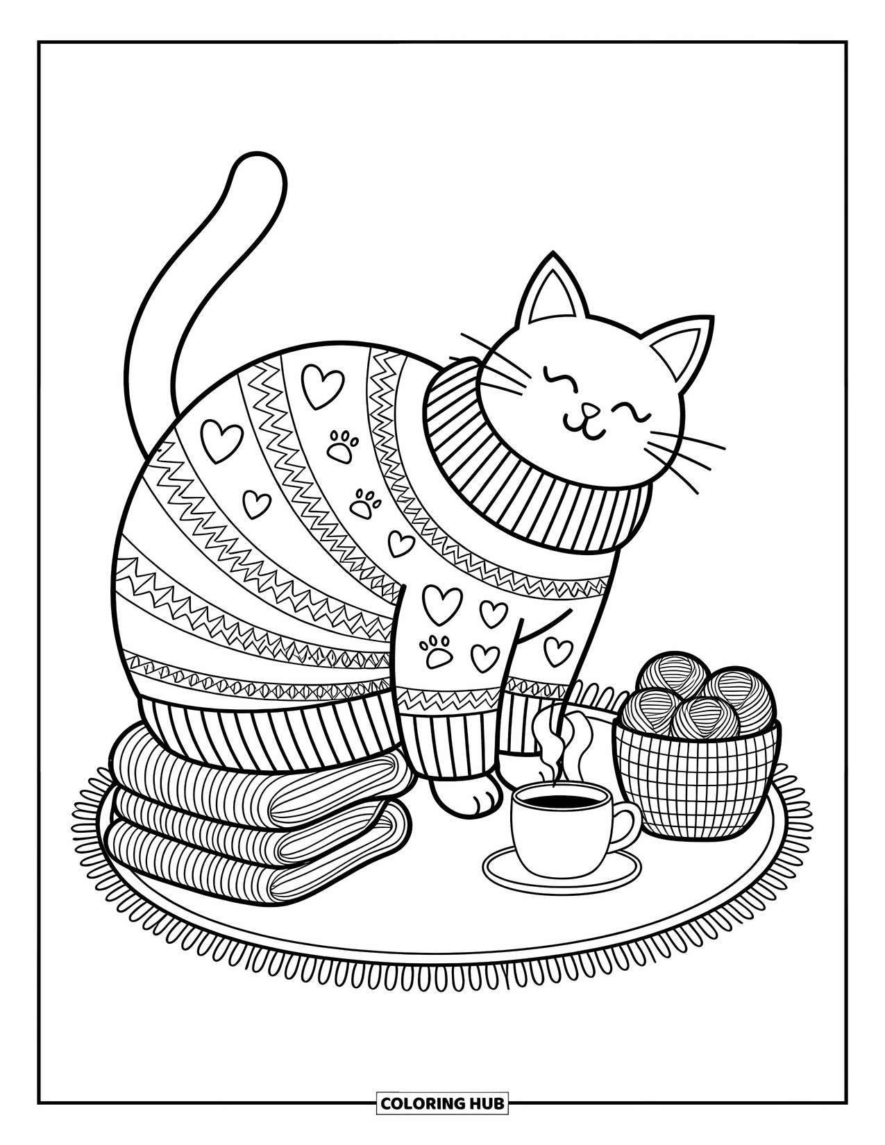 Fat Cat Coloring Page for Adults: A sweater-wrapped cat lounges on a rug near yarn and folded blankets