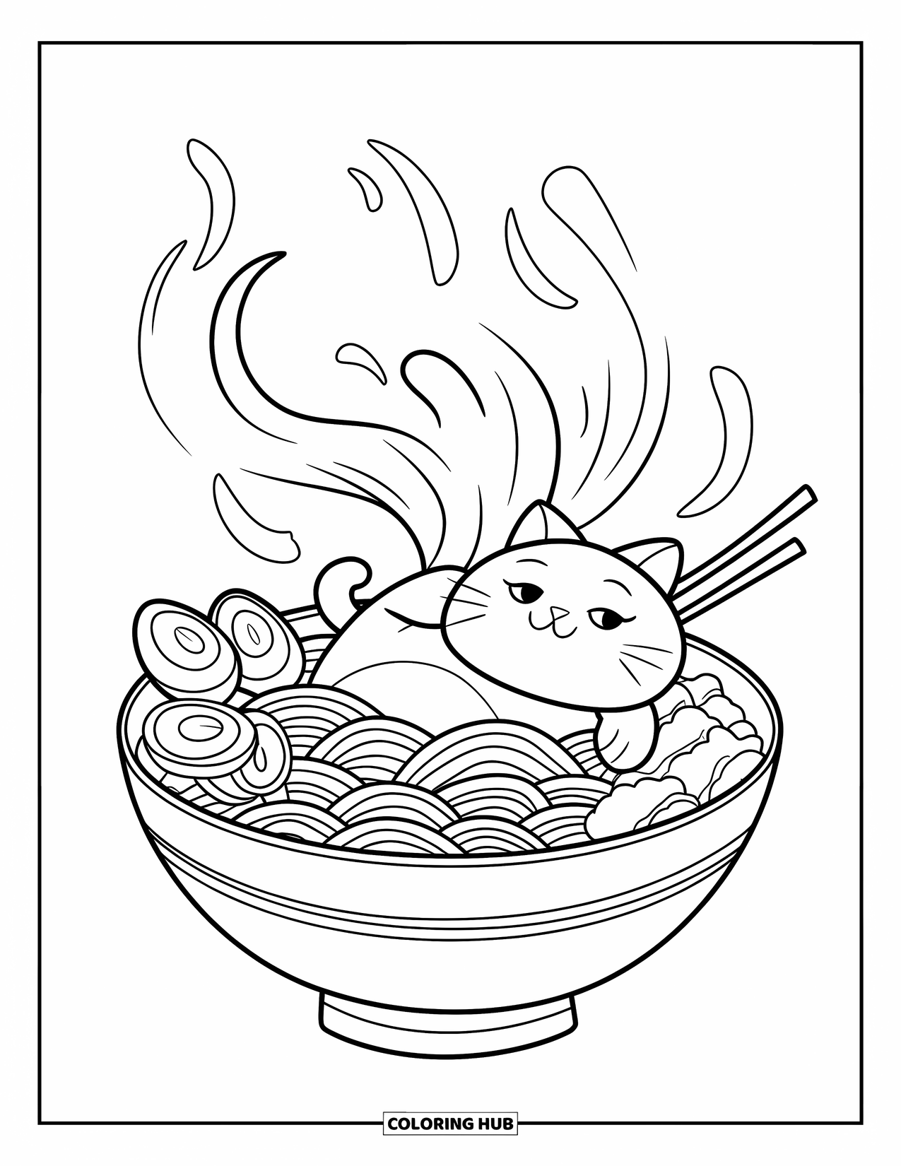 Fat Cat Coloring Page for Kids: A cat snoozes in ramen, paw hanging over the bowl's edge