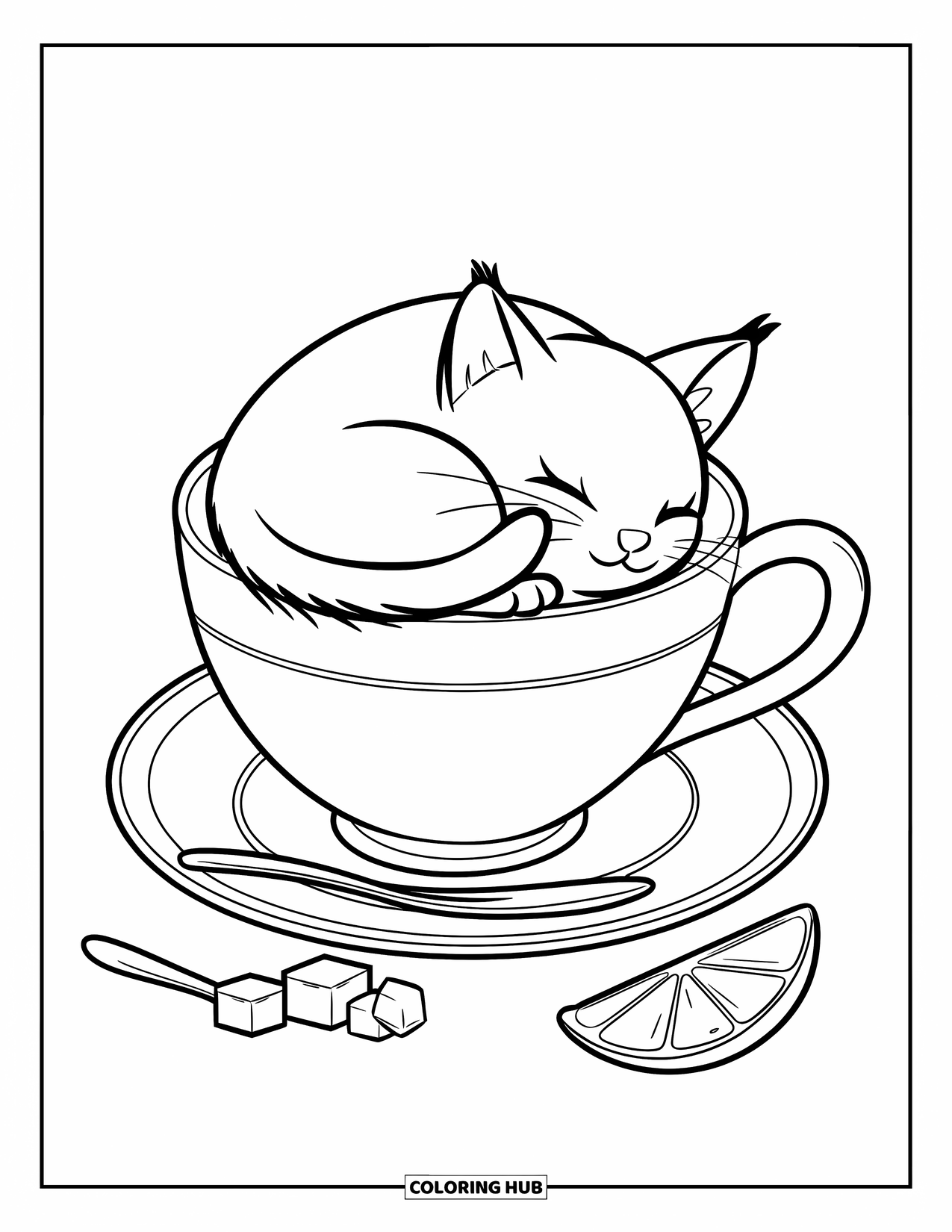 Fat Cat Coloring Page for Kids: A chubby cat curls inside a teacup surrounded by sugar cubes and a lemon wedge