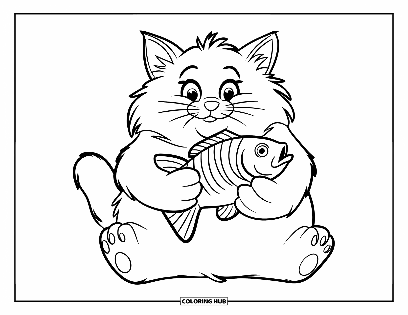 Fat Cat Coloring Page for Kids: A chubby cat holds a fish with a happy grin