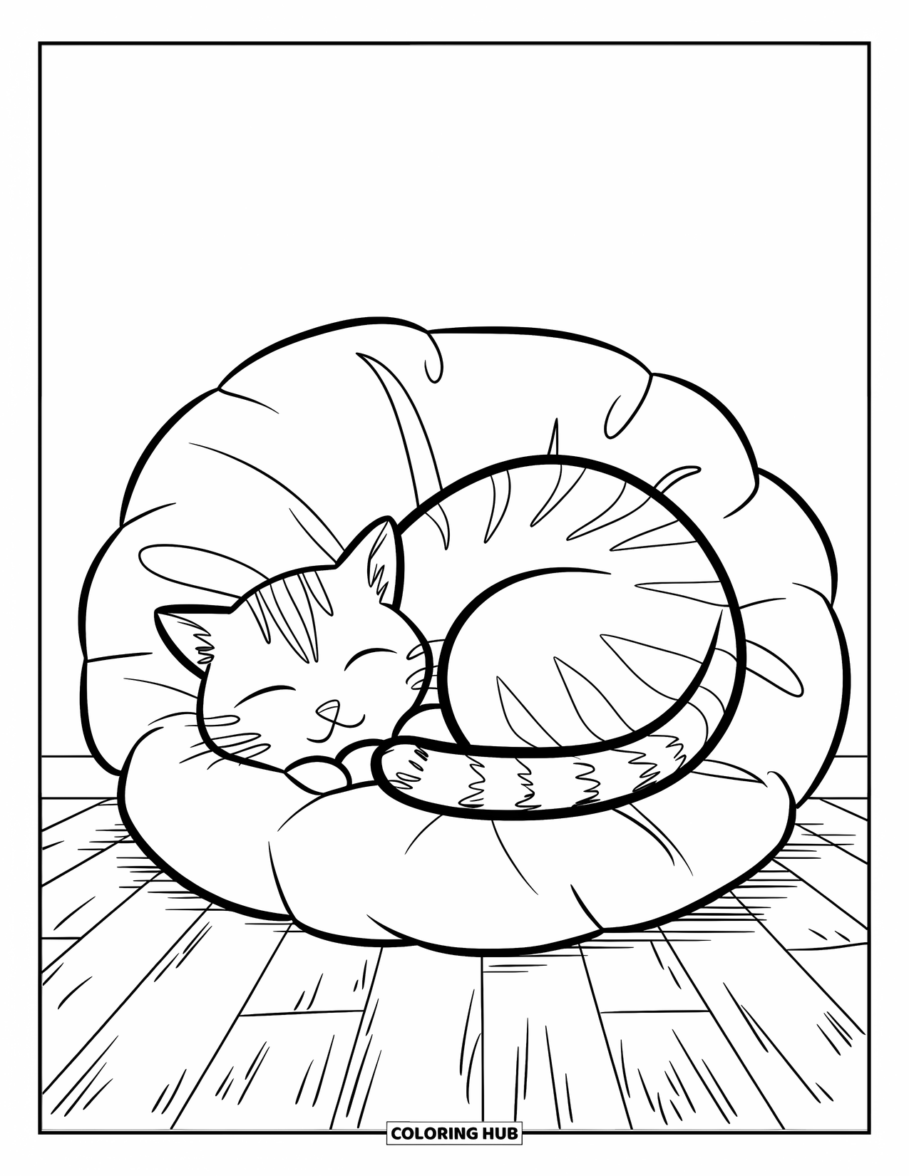 Fat Cat Coloring Page for Kids: A chubby cat naps curled on a big cozy pillow