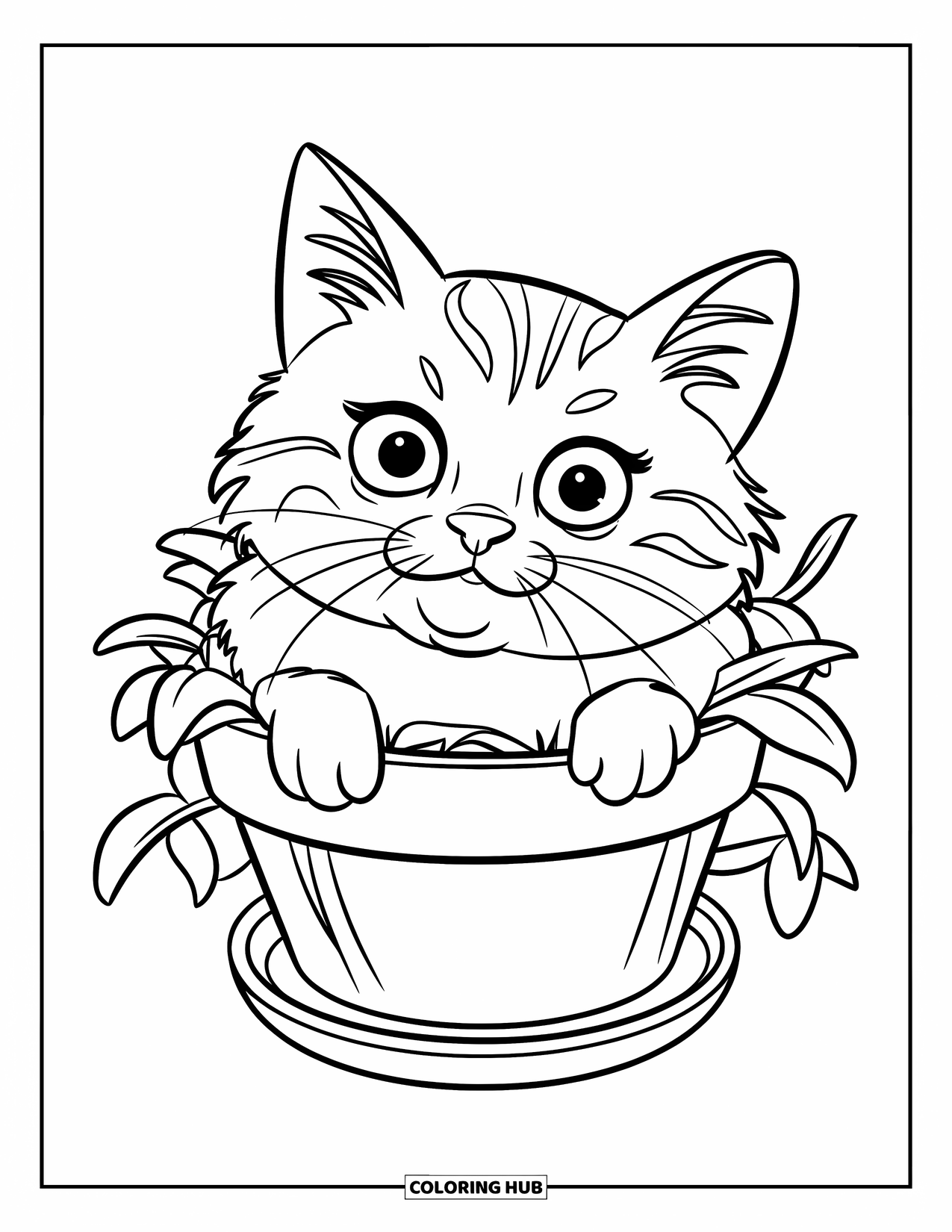 Fat Cat Coloring Page for Kids: A chubby cat squeezes into a tiny pot with leaves all around