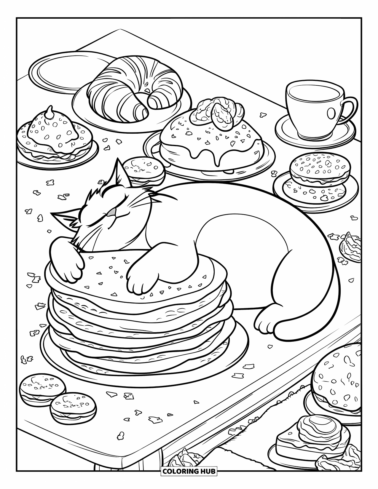 Fat Cat Coloring Page for Kids: A chubby cat stretches across a table filled with oversized pastries and sweet treats