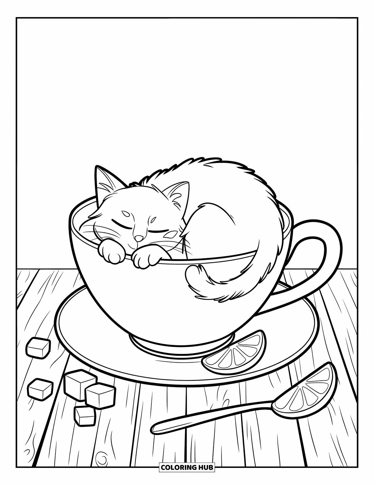 Fat Cat Coloring Page for Kids: A cozy cat naps in a teacup resting on a wooden surface