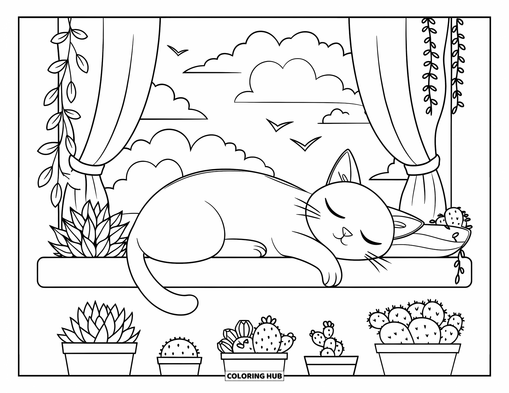 Fat Cat Coloring Page for Kids: A cozy cat naps on a windowsill with hanging plants and drifting clouds