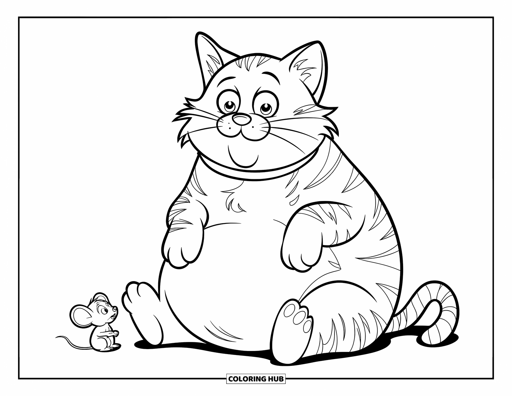 Fat Cat Coloring Page for Kids: A fat cat eyes a little mouse beside its tucked paws