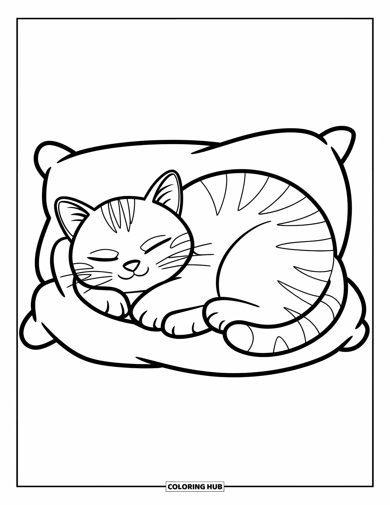 Fat Cat Coloring Page for Kids: A fluffy cat curls up on a pillow with a cheerful, dreamy vibe