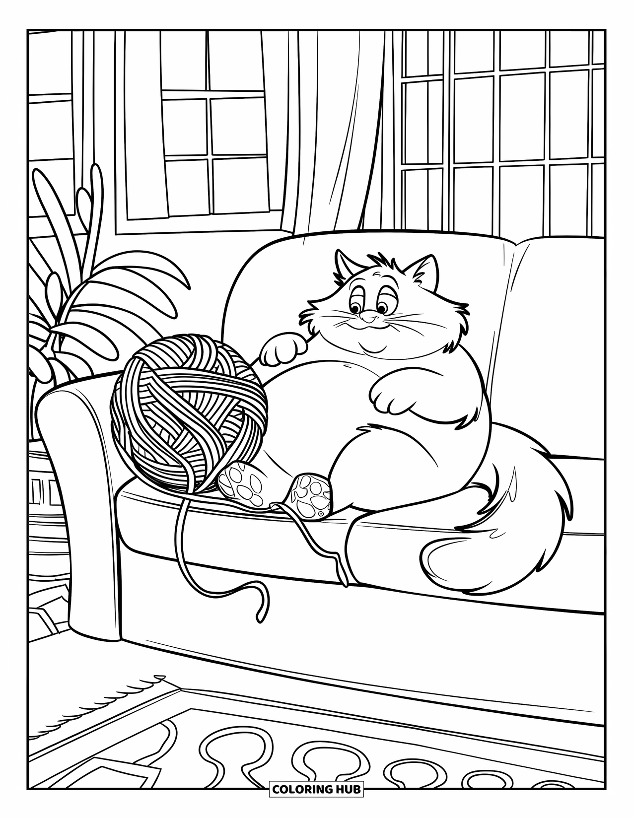 Fat Cat Coloring Page for Kids: A fluffy cat lounges on a couch with yarn wrapped around its paws